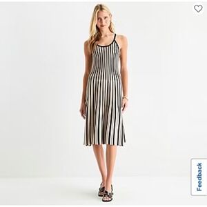 Worthington Striped Knit Midi Dress Black Tan Sleeveless Fit Flare NWT XS